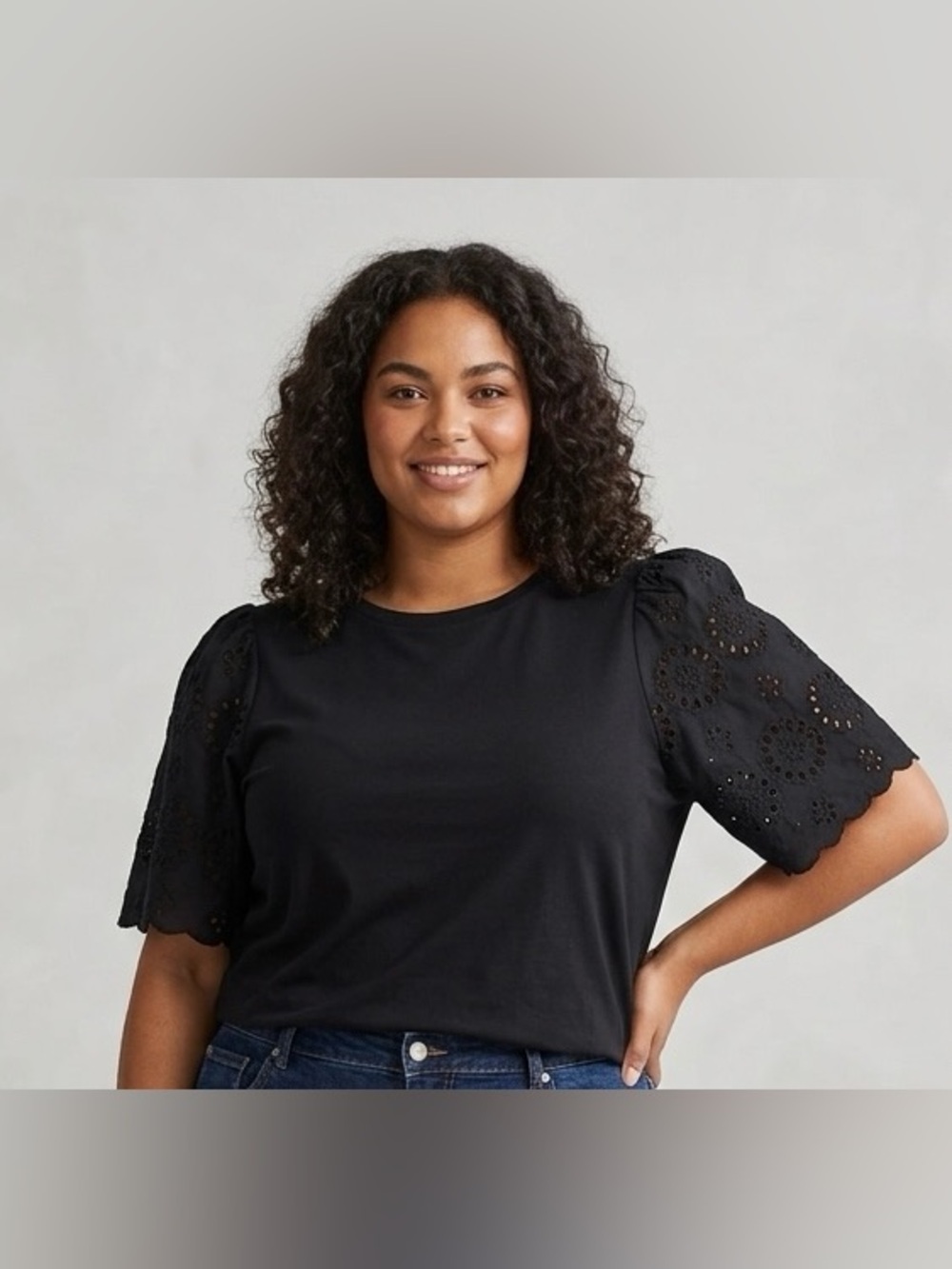 H&M Black Eyelet Broderie Anglaise Puff Sleeve Jersey Top Size XXL Boho Chic